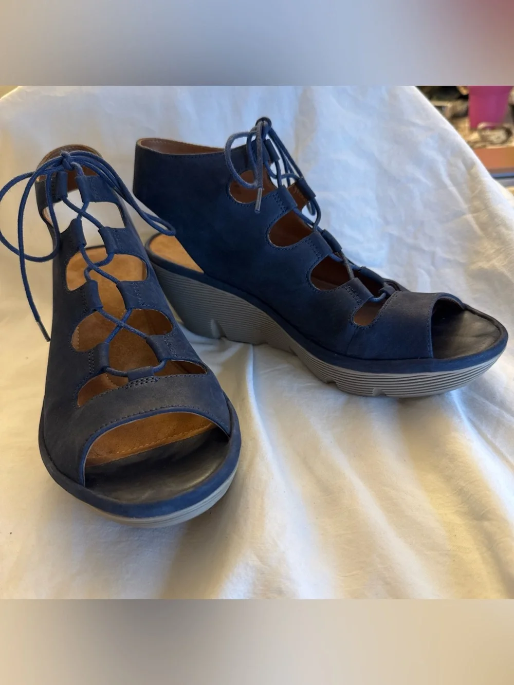 CLARKS ARTISAN Sandals Women 10m Navy Blue Clarene Grace Wedge Lace Up Open Toe